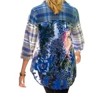 Soft Surroundings Blue Plaid Floral Back Button Down Shirt Small Artsy Whimsical